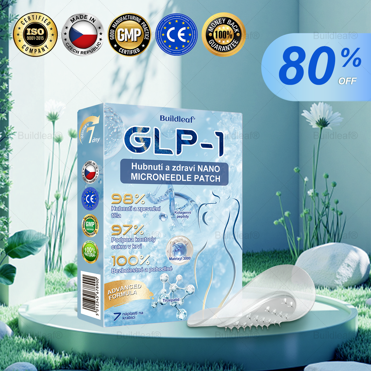 Oficiální obchod | Buildleaf® Tirzepatide Nano Mikroneedlový Náplast s kolagenem a Matrixyl 3000 | Proti obezitě, povolené pokožce, vysokému krevnímu tlaku, cukrovce, tukové játrech, bolesti kloubů, mozkové mlze, nízké energii, tělesné bolesti a dalších