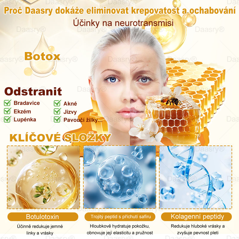 🔥 🗽Klinicky ověřeno: Daasry® Bee Venom Treatment Cream s peptidy včelího jedu, botulotoxinem, kyselinou hyaluronovou a kolagenem💧. Cílí na vrásky, jemné linky, ochabnutí pleti, strie, tmavé skvrny – zpevňuje, liftinguje a další účinky.