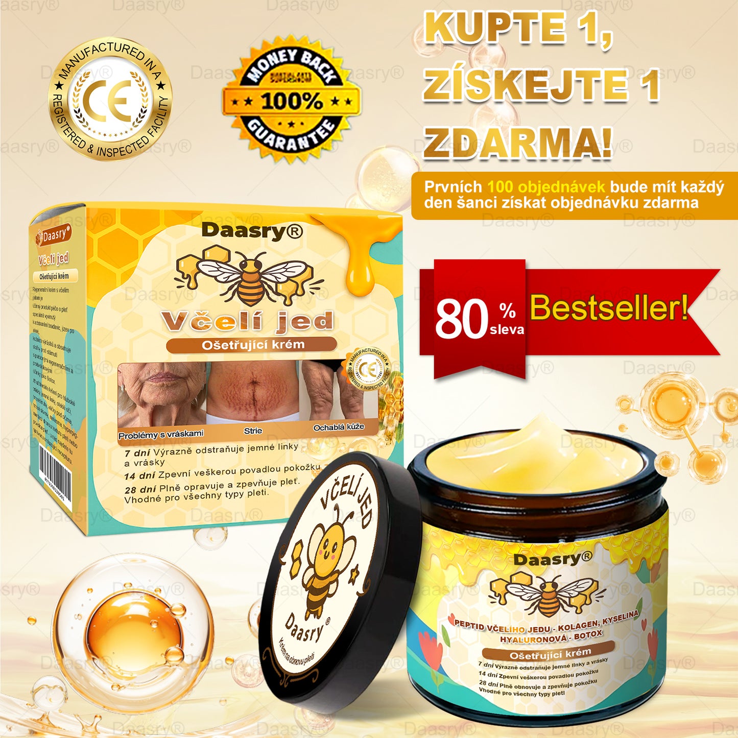 🔥 🗽Klinicky ověřeno: Daasry® Bee Venom Treatment Cream s peptidy včelího jedu, botulotoxinem, kyselinou hyaluronovou a kolagenem💧. Cílí na vrásky, jemné linky, ochabnutí pleti, strie, tmavé skvrny – zpevňuje, liftinguje a další účinky.